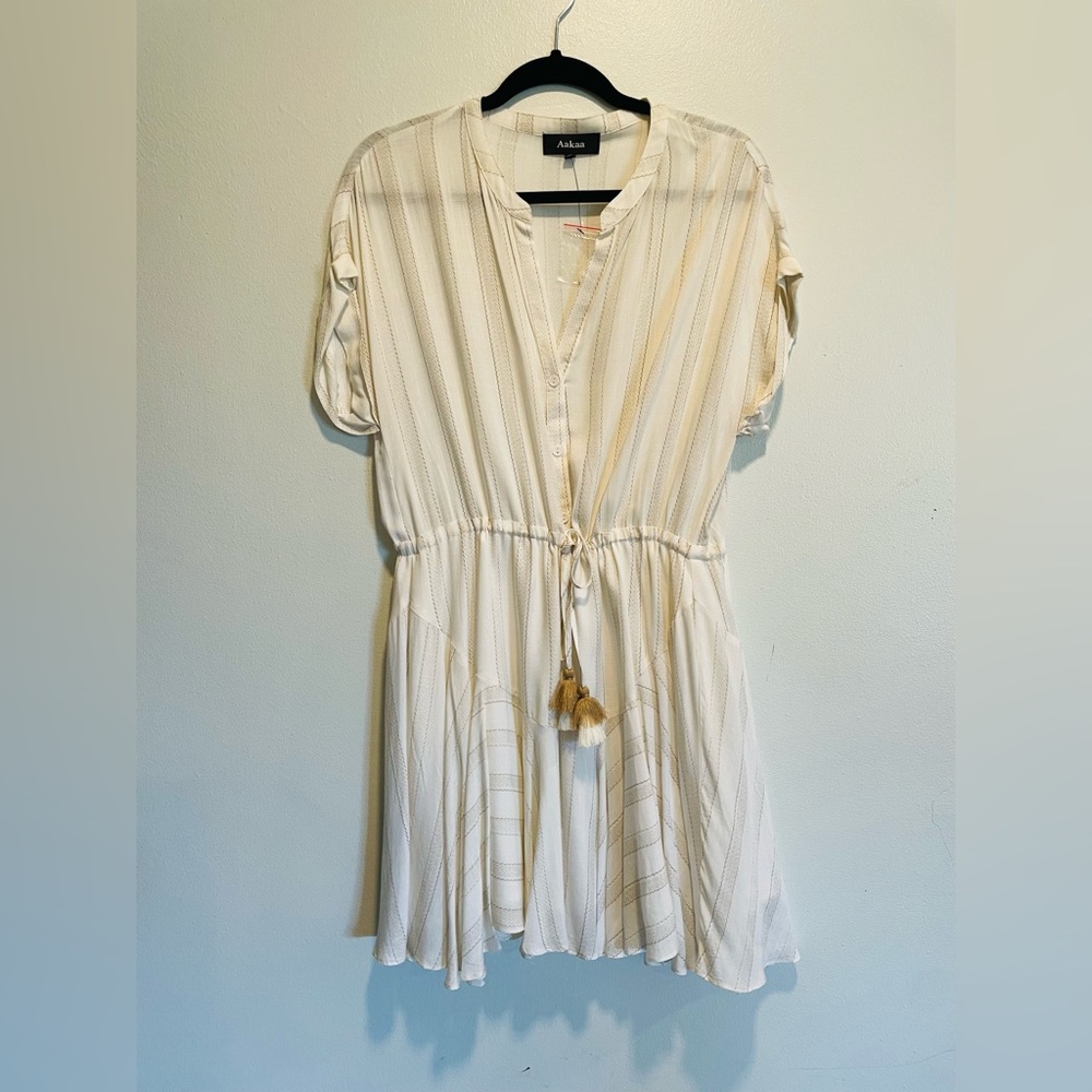 AaKaa-  Cream Striped Mini Tunic Dress Women’s Size Medium
